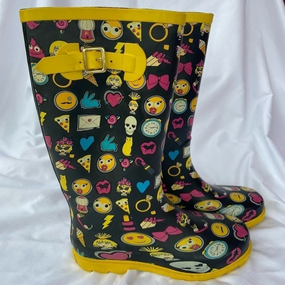 BETSEY JOHNSON Women's Emoji Rain Boots Sz 10 Multi-Color Cosplay Playful Funky